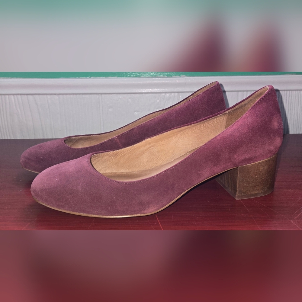 Madewell The Ella Round Toe Block Heel Purple Maroon Suede Comfort Pumps Sz 8